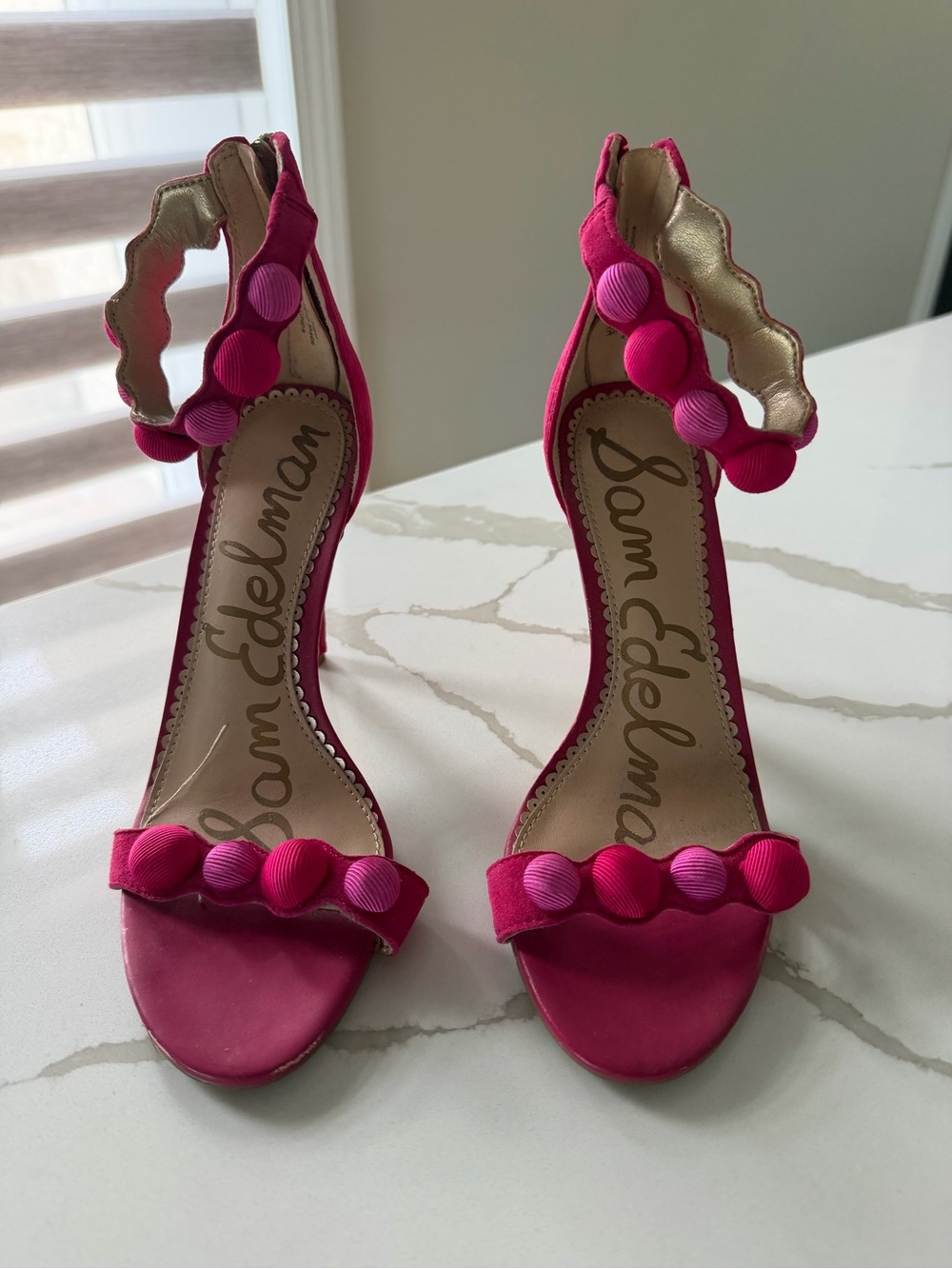 Sam Edelman Hot Pink Scalloped Strap Open-Toe Heels